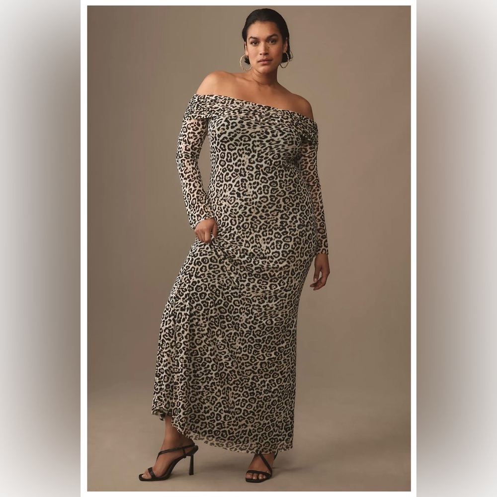 NWT AFRM Long-Sleeve Off-The Shoulder Mesh Long Maxi Dress Taupe Animal Print 3X